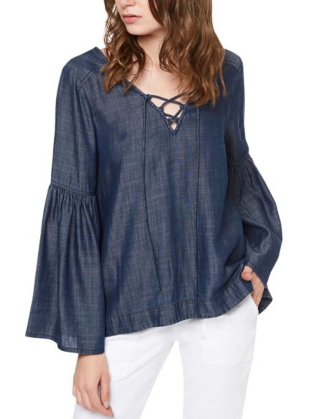 Sanctuary Lila Chambray Lace Up Bell Sleeve Blouse Dark Wash M